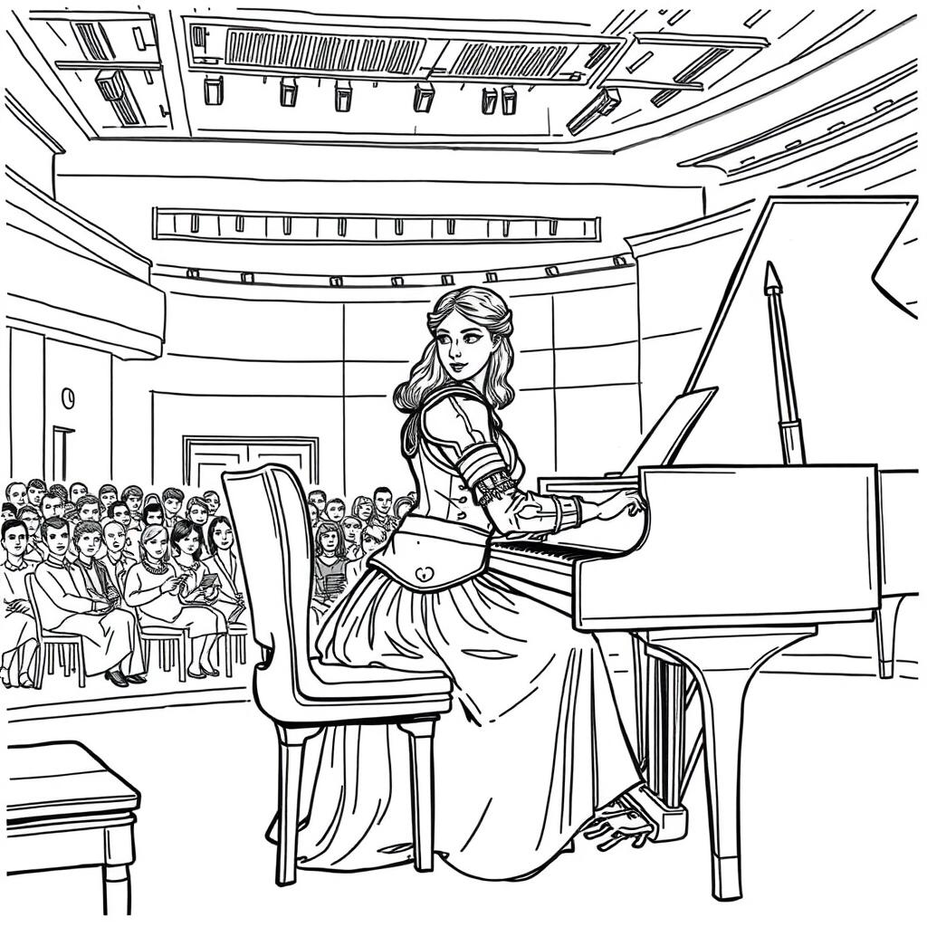 Joan of Arc depicted in a modern concert hall, seated at a grand piano, her fingers gracefully poised over the keys