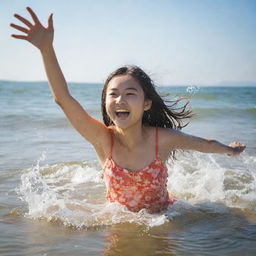 A cheerful teenage Asian girl playing in the water at the beach. She's splashing water, enjoying the waves, and having a fun time under the bright sun.