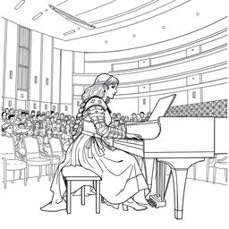 Joan of Arc depicted in a modern concert hall, seated at a grand piano, her fingers gracefully poised over the keys