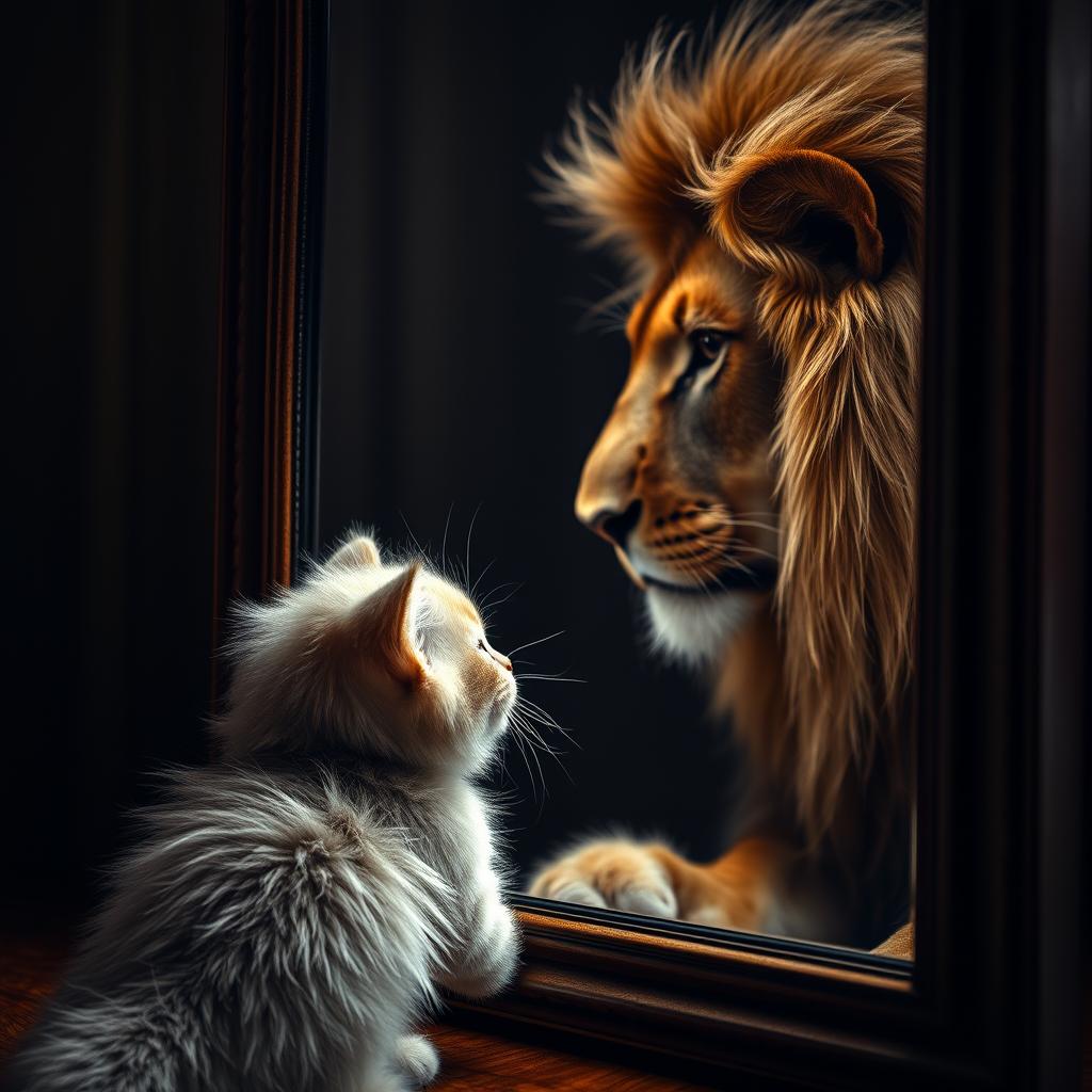 A cute, fluffy kitten gazing into a mirror, captivated by the majestic and elegant reflection of a lion staring back