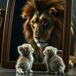 A cute, fluffy kitten gazing into a mirror, captivated by the majestic and elegant reflection of a lion staring back