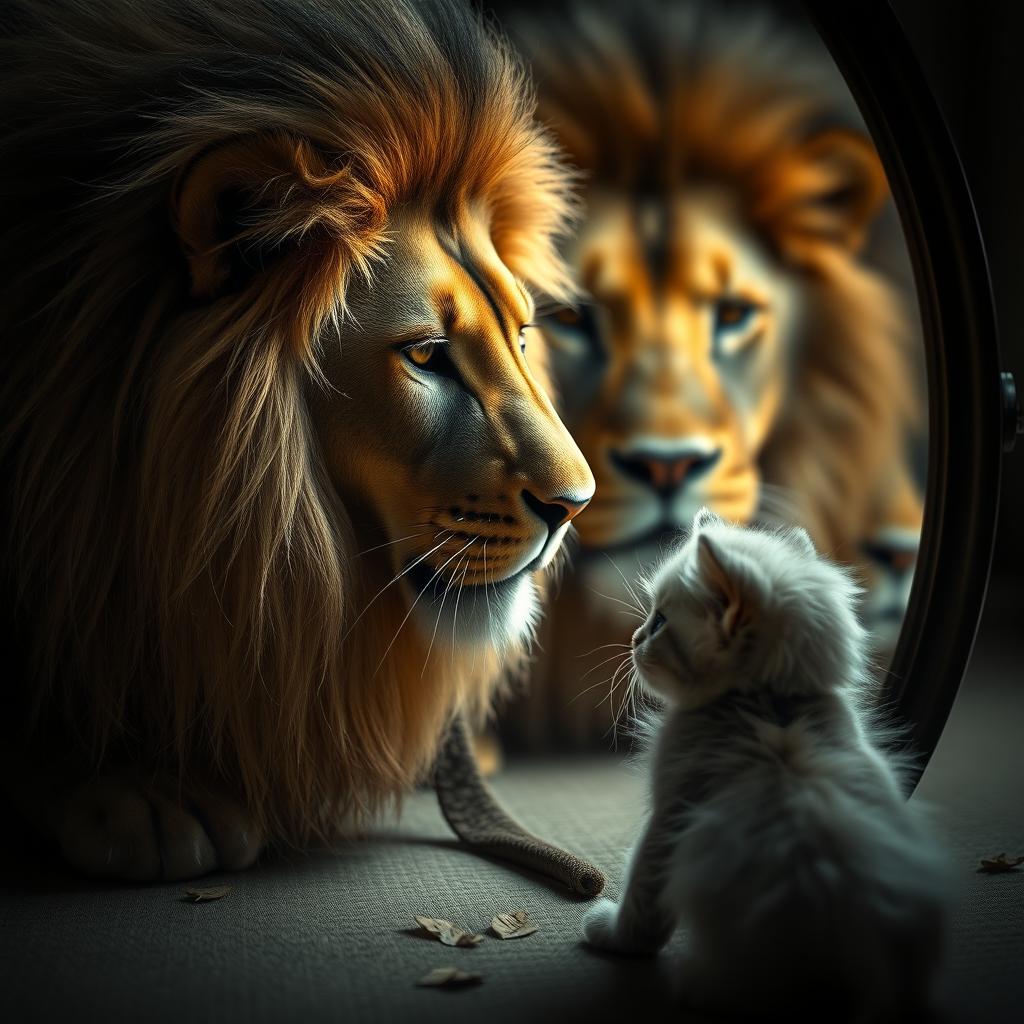 A cute, fluffy kitten gazing into a mirror, captivated by the majestic and elegant reflection of a lion staring back