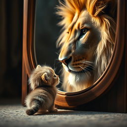 A cute, fluffy kitten gazing into a mirror, captivated by the majestic and elegant reflection of a lion staring back