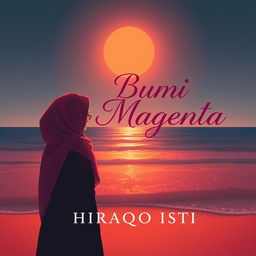 Aesthetic novel cover illustration featuring the silhouette of a hijab-wearing woman at the beach