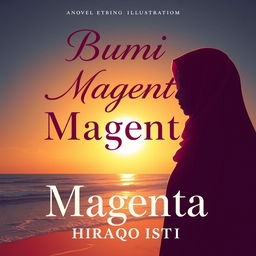 Aesthetic novel cover illustration featuring the silhouette of a hijab-wearing woman at the beach