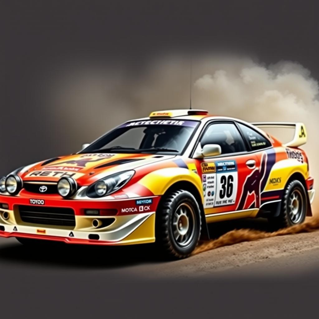 A 2003 Toyota Celica GT300 rally car, highlighting the classic yet aggressive design of early 2000s rally vehicles