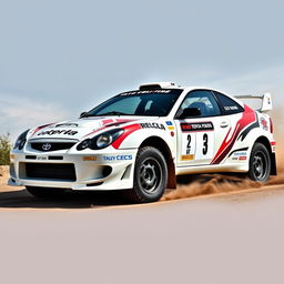 A 2003 Toyota Celica GT300 rally car, highlighting the classic yet aggressive design of early 2000s rally vehicles