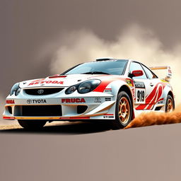 A 2003 Toyota Celica GT300 rally car, highlighting the classic yet aggressive design of early 2000s rally vehicles