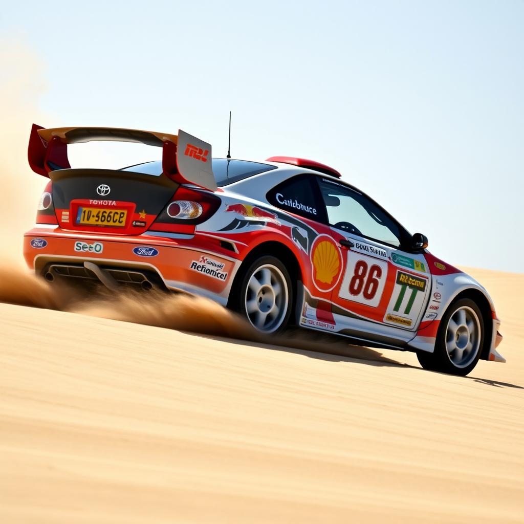 A 2003 Toyota Celica GT300 driving swiftly across a sandy landscape