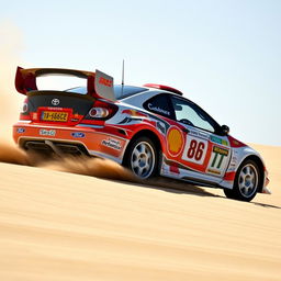 A 2003 Toyota Celica GT300 driving swiftly across a sandy landscape