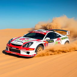 A 2003 Toyota Celica GT300 driving swiftly across a sandy landscape