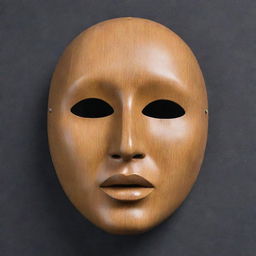 An artistically crafted face mask made from flat, wooden material, perfectly encapsulating the overall form of a face without revealing individual features.