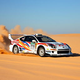 A 2003 Toyota Celica GT300 driving swiftly across a sandy landscape