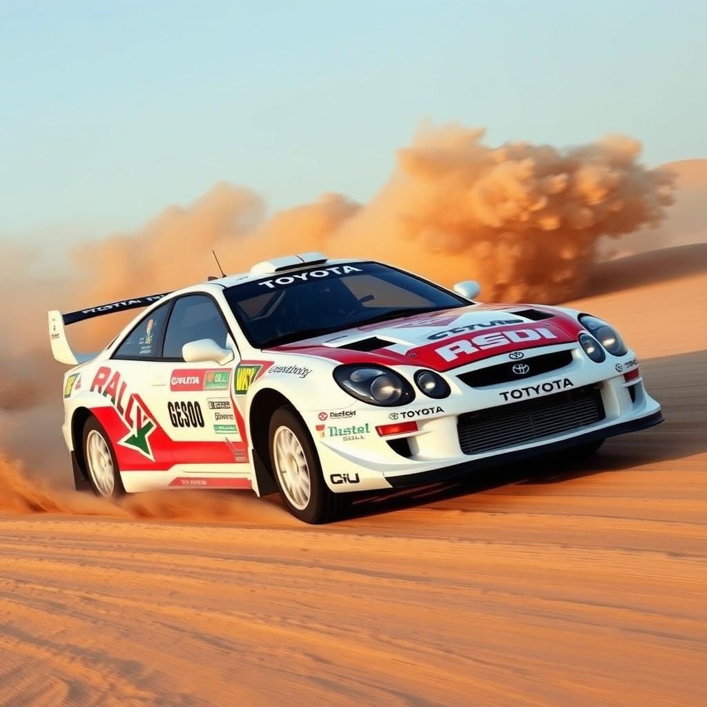 A 2003 Toyota Celica GT300 driving swiftly across a sandy landscape