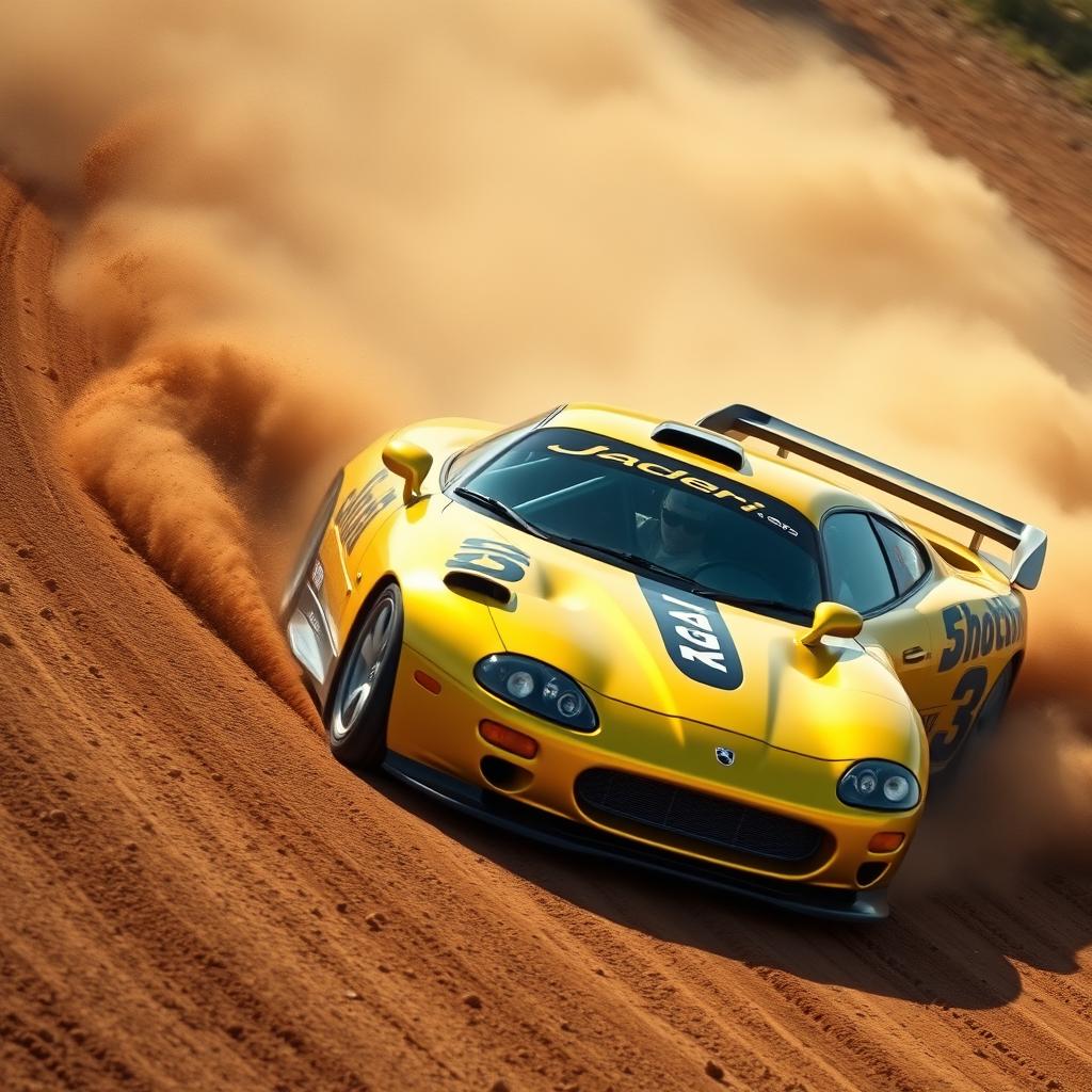 A thrilling scene of a unique car, a blend of a 2002 Camaro SS and a Jaguar XJR-15, racing on a dirt track