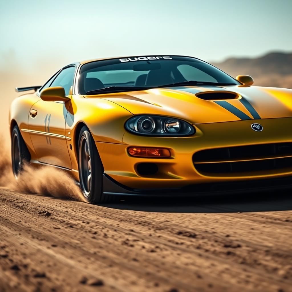 A thrilling scene of a unique car, a blend of a 2002 Camaro SS and a Jaguar XJR-15, racing on a dirt track