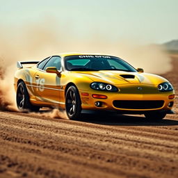 A thrilling scene of a unique car, a blend of a 2002 Camaro SS and a Jaguar XJR-15, racing on a dirt track