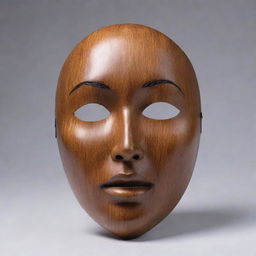 An artistically crafted face mask made from flat, wooden material, perfectly encapsulating the overall form of a face without revealing individual features.