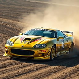 A thrilling scene of a unique car, a blend of a 2002 Camaro SS and a Jaguar XJR-15, racing on a dirt track