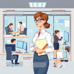 A detailed illustration of a professional secretary's profile showcasing key competencies and skills