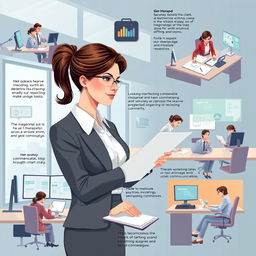 A detailed illustration of a professional secretary's profile showcasing key competencies and skills