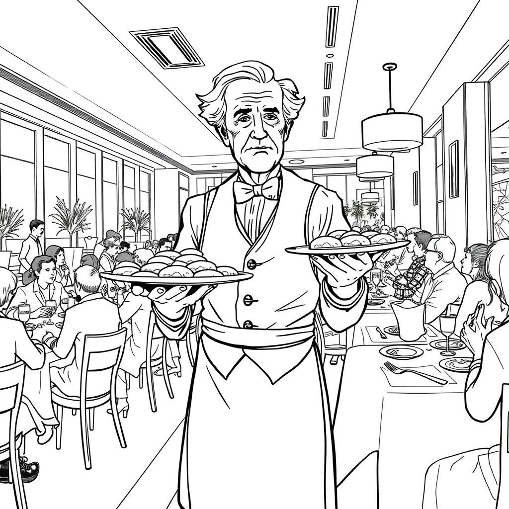 Thomas Edison depicted as a waiter serving in a bustling modern restaurant