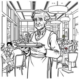 Thomas Edison depicted as a waiter serving in a bustling modern restaurant