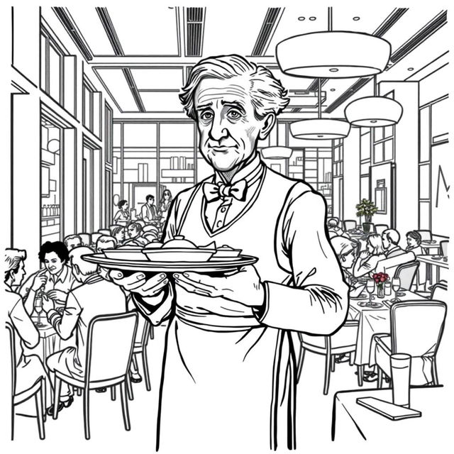 Thomas Edison depicted as a waiter serving in a bustling modern restaurant