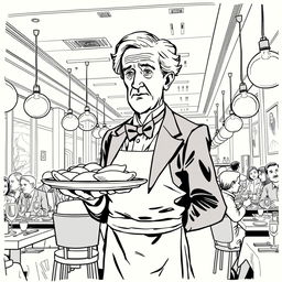 Thomas Edison depicted as a waiter serving in a bustling modern restaurant