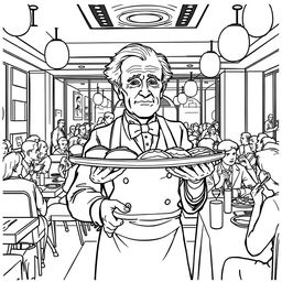 Thomas Edison depicted as a waiter serving in a bustling modern restaurant