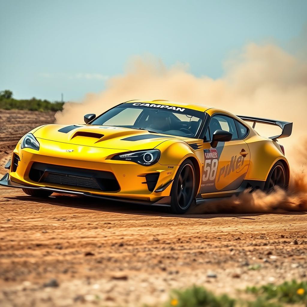 A thrilling scene of a unique car, a blend of a 2002 Camaro SS and a BRZ GT300, racing on a dirt track