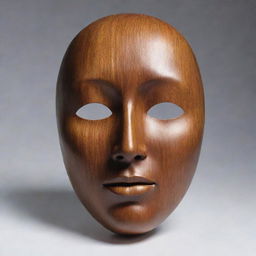 An artistically crafted face mask made from flat, wooden material, perfectly encapsulating the overall form of a face without revealing individual features.