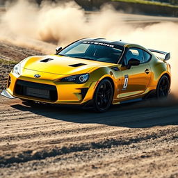 A thrilling scene of a unique car, a blend of a 2002 Camaro SS and a BRZ GT300, racing on a dirt track