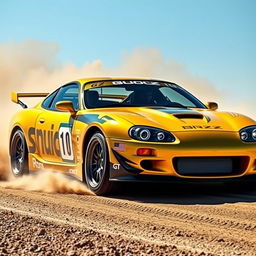 A thrilling scene of a unique car, a blend of a 2002 Camaro SS and a BRZ GT300, racing on a dirt track