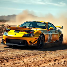 A thrilling scene of a unique car, a blend of a 2002 Camaro SS and a BRZ GT300, racing on a dirt track