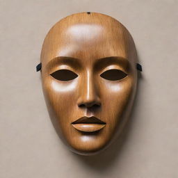 An artistically crafted face mask made from flat, wooden material, perfectly encapsulating the overall form of a face without revealing individual features.