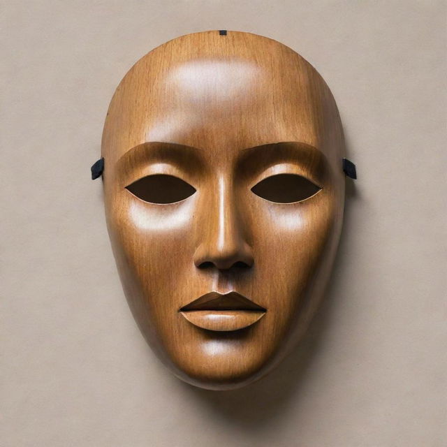 An artistically crafted face mask made from flat, wooden material, perfectly encapsulating the overall form of a face without revealing individual features.