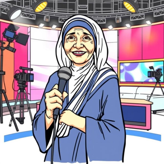 Mother Teresa depicted as a host of a modern TV show, standing in a brightly lit television studio