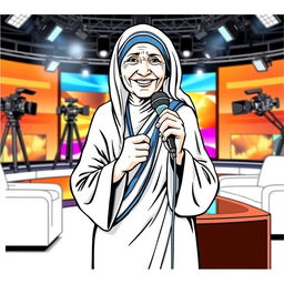 Mother Teresa depicted as a host of a modern TV show, standing in a brightly lit television studio