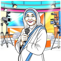 Mother Teresa depicted as a host of a modern TV show, standing in a brightly lit television studio