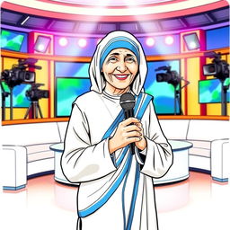 Mother Teresa depicted as a host of a modern TV show, standing in a brightly lit television studio