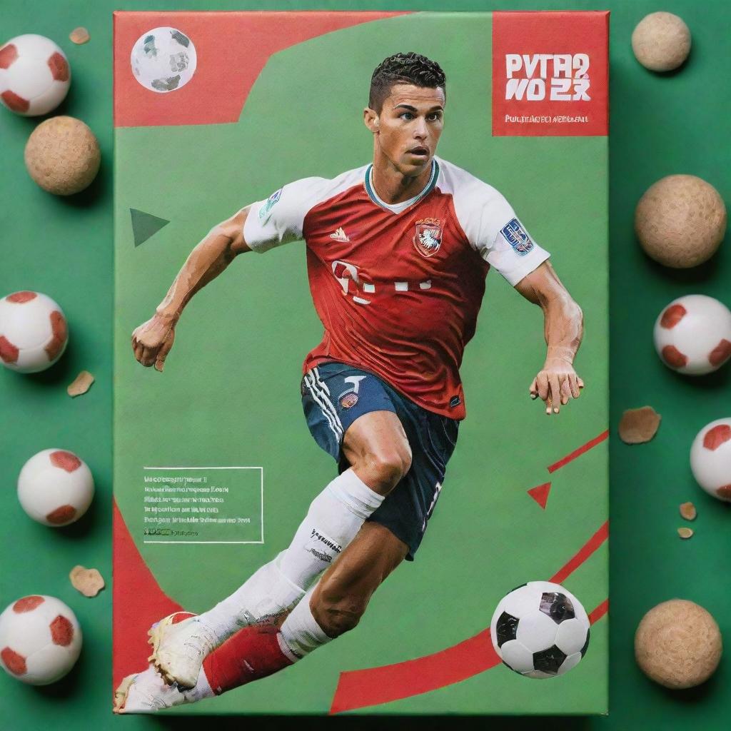 A vibrant cereal box featuring a dynamic illustration of football star Cristiano Ronaldo in action, detail-rich with soccer ball themed cereal bits, background of a football pitch, green and red color scheme with health benefits listed on the side.