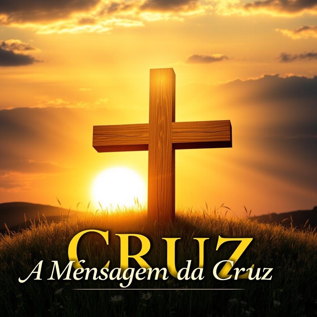 A captivating book cover design for 'A Mensagem da Cruz', featuring a prominent wooden cross illuminated by a soft, golden light