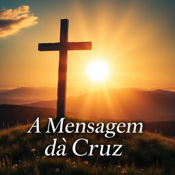 A captivating book cover design for 'A Mensagem da Cruz', featuring a prominent wooden cross illuminated by a soft, golden light