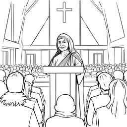 Mother Teresa depicted as a speaker at a modern church, standing behind a podium with a microphone