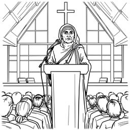 Mother Teresa depicted as a speaker at a modern church, standing behind a podium with a microphone