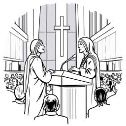 Mother Teresa depicted as a speaker at a modern church, standing behind a podium with a microphone