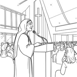 Mother Teresa depicted as a speaker at a modern church, standing behind a podium with a microphone