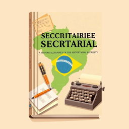 A beautifully illustrated book cover showcasing a historical journey of the secretarial profession in Brazil