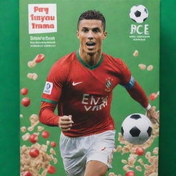 A vibrant cereal box featuring a dynamic illustration of football star Cristiano Ronaldo in action, detail-rich with soccer ball themed cereal bits, background of a football pitch, green and red color scheme with health benefits listed on the side.